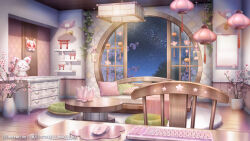 Rule 34 | architecture, artist name, branch, cherry blossoms, couch, cushion, drawer, east asian architecture, flower, fox mask, highres, indie virtual youtuber, indoors, kagura ura, keyboard (computer), lamp, lantern, mask, mirror, mouse (computer), mousepad (object), night, no humans, official art, open window, paper lantern, pink flower, plant, potted plant, round window, rug, scenery, shelf, shouji, sky, sliding doors, star (sky), starry sky, stuffed fox, sugawa mako, table, tassel, themed object, torii, unworn mask, vase, vines, wall lamp, window, wooden chair, wooden floor