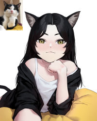 Rule 34 | 1girl, animal, animal ear fluff, animal ears, bare shoulders, black hair, black shirt, blouse, blush, brown eyes, cat, cat ears, cat girl, cat tail, closed mouth, collarbone, commentary, dongho kang, green eyes, highres, long hair, looking at viewer, lying, off shoulder, on stomach, open clothes, open shirt, original, parted bangs, photo-referenced, real life, shirt, simple background, smile, solo, tail, upper body, white background