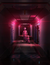 Rule 34 | 10s, 2boys, charlotte (anime), diagonal stripes, glowing, glowing eyes, hallway, highres, indoors, key visual, lens flare, multiple boys, official art, on one knee, promotional art, science fiction, striped, white hair, wristband
