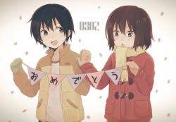 Rule 34 | 1boy, 1girl, :d, :o, aged down, bad id, bad pixiv id, black hair, blush, boku dake ga inai machi, brown eyes, brown hair, child, coat, collarbone, commentary, duffel coat, facing viewer, fujinuma satoru, hair between eyes, happy, high five, hinazuki kayo, holding, long sleeves, looking at another, looking down, mittens, open mouth, pocket, red coat, rei (uupaa3), scarf, shirt, short hair, simple background, smile, standing, upper body, winter clothes, yellow scarf