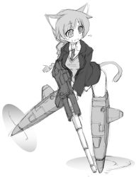 Rule 34 | 00s, 1girl, animal ears, braid, cat ears, cat tail, greyscale, gun, lynette bishop, monochrome, monochrome, single braid, solo, strike witches, tail, weapon, world witches series