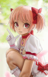 Rule 34 | 10s, 1girl, artist name, blurry, blurry background, bow, buttons, choker, dress, frilled sleeves, frilled socks, frills, from side, gem, gloves, grin, hair bow, highres, index finger raised, kaname madoka, kneehighs, knees, knees to chest, looking at viewer, looking to the side, mahou shoujo madoka magica, mahou shoujo madoka magica (anime), md5 mismatch, novcel, parted lips, pink hair, puffy short sleeves, puffy sleeves, red bow, red eyes, short dress, short hair, short sleeves, short twintails, smile, socks, solo, squatting, teeth, twintails, white dress, white gloves, white socks