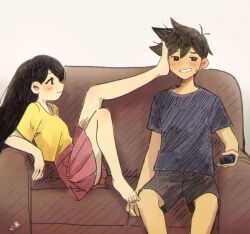 Rule 34 | 1boy, 1girl, absurdres, ahoge, antenna hair, arm support, averting eyes, bare legs, barefoot, black hair, black shorts, blue shirt, blush, controller, couch, dot nose, embarrassed, facing viewer, false smile, feet out of frame, foot on another&#039;s face, foot up, from side, full body, hero (faraway) (omori), hero (omori), hetero, highres, holding, holding controller, holding remote control, knee up, knees up, kokomi (aniesuakkaman), leaning back, leg up, long hair, looking at another, looking to the side, mari (faraway) (omori), mari (omori), nervous, nervous smile, no sclera, omori, on couch, pink skirt, pleated skirt, profile, remote control, shirt, short hair, shorts, sitting, sitting on object, skirt, smile, sweat, sweatdrop, t-shirt, teasing, thighs, toes, very short hair, white background, yellow shirt