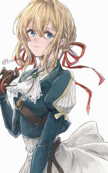 Rule 34 | 1girl, blonde hair, blue eyes, blue jacket, braid, brooch, brown gloves, closed mouth, commentary request, dress, gloves, hair between eyes, hair intakes, hair ribbon, highres, jacket, jewelry, long hair, long sleeves, looking at viewer, miharuko (kopera), neckerchief, playing with own hair, puffy long sleeves, puffy sleeves, red ribbon, ribbon, simple background, smile, solo, twitter username, violet evergarden, violet evergarden (series), white background, white dress, white neckerchief