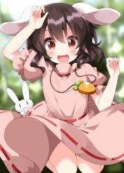 Rule 34 | 1girl, animal, animal ears, black hair, blush, carrot necklace, dress, hair between eyes, highres, inaba tewi, jewelry, looking at viewer, necklace, open mouth, pink dress, rabbit, rabbit ears, rabbit girl, red eyes, ruu (tksymkw), short hair, short sleeves, smile, solo, touhou