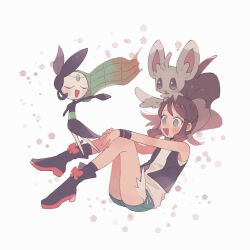 Rule 34 | 1girl, :d, aqua eyes, blush, boots, brown hair, commentary request, creatures (company), exposed pocket, eyelashes, game freak, gen 5 pokemon, happy, highres, hilda (pokemon), hime (himetya105), knees together feet apart, legendary pokemon, long hair, meloetta, minccino, mythical pokemon, nintendo, open clothes, open mouth, open vest, own hands together, pentagon (shape), pokemon, pokemon (creature), pokemon bw, shirt, shorts, sidelocks, smile, socks, vest, white background, white shirt, wristband