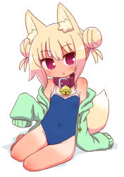 Rule 34 | 1girl, :o, animal ear fluff, animal ears, bare legs, bare shoulders, barefoot, bell, blonde hair, blue one-piece swimsuit, blush, brown collar, collar, commentary request, competition school swimsuit, covered navel, double bun, drawstring, fox ears, fox girl, fox tail, green jacket, groin, highres, jacket, jingle bell, kemomimi-chan (naga u), long sleeves, looking at viewer, naga u, neck bell, off shoulder, one-piece swimsuit, open clothes, open jacket, original, parted lips, school swimsuit, shadow, sidelocks, sitting, sleeves past fingers, sleeves past wrists, solo, swimsuit, tail, tan, tanline, white background, yokozuwari