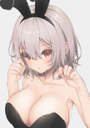 Rule 34 | 1girl, absurdres, animal ears, armpits, arms up, azur lane, bare shoulders, blush, breasts, brown eyes, cleavage, closed mouth, collarbone, commentary request, fake animal ears, fingernails, grey background, hair between eyes, twirling hair, highres, kodama (koda mat), large breasts, leotard, long fingernails, looking at viewer, playboy bunny, rabbit ears, red eyes, short hair, sidelocks, simple background, sirius (azur lane), solo, standing, upper body, white hair