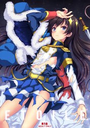 Rule 34 | 10s, 1girl, arm up, belt, blue eyes, blue jacket, blush, brown hair, cover, cover page, crown, flat chest, hair ornament, highres, jacket, kagura hikari, knife, long hair, looking at viewer, lying, medal, mini crown, on back, pleated skirt, sasakawa arumi, shoujo kageki revue starlight, skirt, solo, sparkle hair ornament, torn clothes