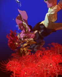 Rule 34 | 1boy, 1girl, air bubble, asphyxiation, boots, brown hair, bubble, drowning, flay allster, flower, gundam, gundam seed, highres, jtr, kira yamato, long hair, military, military uniform, red hair, short hair, skirt, spider lily, submerged, thighhighs, underwater, uniform
