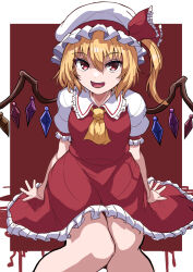 Rule 34 | 1girl, :d, arm support, ascot, bare legs, blonde hair, breasts, fang, flandre scarlet, hair between eyes, hat, highres, knees together feet apart, looking at viewer, medium breasts, mob cap, one side up, open mouth, puffy short sleeves, puffy sleeves, red eyes, red vest, short hair, short sleeves, sitting, skirt, smile, solo, suberaku, touhou, vest, white hat, wings
