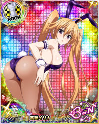 Rule 34 | 1girl, ass, bent over, blush, breasts, brown hair, card (medium), chess piece, cleavage, embarrassed, from behind, hair between eyes, high school dxd, large breasts, legs, long hair, looking back, official art, orange hair, pantyhose, purple eyes, rabbit ears, rabbit tail, rook (chess), shidou irina, sideboob, thighs, twintails