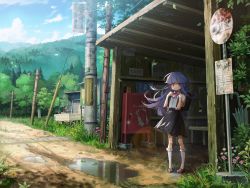 Rule 34 | 1girl, backpack, bag, bare arms, bench, bow, bowtie, chromatic aberration, commentary, film grain, frilled socks, frills, furude rika, highres, higurashi no naku koro ni, holding, holding bag, kneehighs, lamppost, long hair, looking at viewer, mary janes, mountainous horizon, nshi, outdoors, pine tree, pink bow, pink bowtie, puddle, purple eyes, purple hair, randoseru, red footwear, scenery, shirt, shoes, short sleeves, skirt, socks, solo, suspender skirt, suspenders, tagme, tree, umbrella, utility pole, white shirt, white socks, wind, wind lift