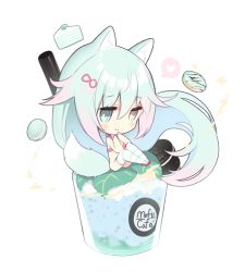 Rule 34 | 1girl, absurdly long hair, animal ear fluff, animal ears, bikini, bikini top only, blue hair, blush, brown eyes, chibi, closed mouth, commentary request, cup, doughnut, drinking glass, drinking straw, food, green eyes, hair between eyes, hands up, heterochromia, long hair, macaron, mini person, minigirl, mint, original, p19, red bikini, sitting, smile, solo, striped clothes, striped legwear, striped thighhighs, swimsuit, tail, thighhighs, very long hair