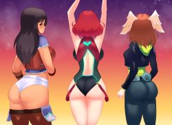 Rule 34 | 3girls, absurdres, ass, ass focus, backboob, bare shoulders, black hair, blush, bodysuit, boots, breasts, competition swimsuit, eunie (xenoblade), from behind, head wings, highres, huge ass, jacket, large breasts, long hair, looking at viewer, looking back, multiple girls, one-piece swimsuit, pyra (xenoblade), red hair, sharla (xenoblade), shiny clothes, shiny skin, short hair, short shorts, shorts, sideboob, skin tight, smile, swimsuit, thick thighs, thigh boots, thighhighs, thighs, tiredtorto, wings, xenoblade chronicles (series), xenoblade chronicles 1, xenoblade chronicles 2, xenoblade chronicles 3
