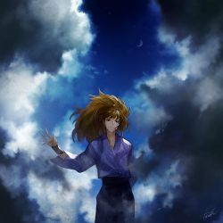 Rule 34 | 1boy, arm at side, bad id, bad pixiv id, brown hair, closed mouth, cloud, crescent moon, danhu, day, fuwa raizou, high ponytail, japanese clothes, light smile, long hair, long sleeves, looking at viewer, male focus, moon, outdoors, outstretched arm, ponytail, rakudai ninja rantarou, signature, sky, smile, solo, spread fingers, wristband
