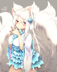 Rule 34 | 1girl, animal ear fluff, animal ears, blue dress, blue flower, blue rose, blush, breasts, chita (ketchup), cowboy shot, dress, eyebrows, flower, fox ears, fox tail, frilled dress, frilled sleeves, frills, hair flower, hair ornament, half updo, highres, kitsune, kyuubi, large breasts, long hair, multiple tails, original, own hands together, purple eyes, rose, simple background, smile, solo, tail, thick eyebrows, twitter username, white dress, white hair