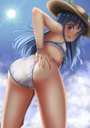 Rule 34 | 1girl, akiki, ass, ass grab, bare shoulders, bikini, blue hair, blush, cameltoe, deep skin, embarrassed, flat chest, from behind, from below, hat, highres, hinanawi tenshi, leaning, leaning forward, long hair, looking at viewer, looking back, looking down, open mouth, red eyes, shiny skin, solo, swimsuit, touhou