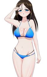 Rule 34 | 1girl, bikini, black hair, blue bikini, blue eyes, blush, breasts, cleavage, commentary request, cowboy shot, earlobe1514366, girls und panzer, girls und panzer gekijouban, groin, half-closed eyes, halterneck, hand on own head, highres, large breasts, long hair, looking at viewer, multi-strapped bikini, navel, nonna (girls und panzer), official alternate costume, parted lips, partial commentary, simple background, solo, standing, string bikini, swept bangs, swimsuit, white background