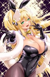 Rule 34 | 1girl, animal ears, black leotard, black pantyhose, blonde hair, bow, bowtie, breasts, bunny day, detached collar, fake animal ears, fang, goddess of victory: nikke, green eyes, hair between eyes, highres, huge breasts, leotard, lips, long hair, masatoshi 1219, official alternate costume, open mouth, pantyhose, playboy bunny, pole, rabbit ears, reaching, reaching towards viewer, rupee (nikke), rupee (rabbit deluxe) (nikke), skin fang, strapless, strapless leotard, stripper pole, teeth, v, very long hair, yellow bow, yellow bowtie