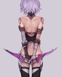 Rule 34 | 1girl, arm belt, arms behind back, ashita kura, ass, back, bad id, bad pixiv id, bandaged arm, bandages, black panties, black thighhighs, butt crack, dagger, dual wielding, fate/grand order, fate (series), fingerless gloves, from behind, gloves, grey background, highres, holding, holding knife, jack the ripper (fate/apocrypha), knife, lowleg, lowleg panties, panties, short hair, shoulder tattoo, silver hair, simple background, single glove, solo, standing, tattoo, thighhighs, underwear, weapon