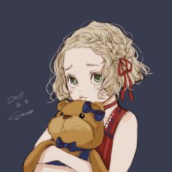 Rule 34 | 1girl, blonde hair, blue background, blush, choker, closed mouth, dated, dress, frown, green eyes, hair ribbon, highres, looking at viewer, hugging object, original, red choker, red dress, red ribbon, ribbon, sako (35s 00), short hair, signature, simple background, solo, stuffed animal, stuffed toy, teddy bear