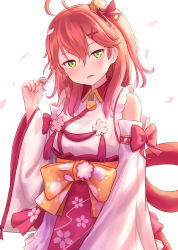 Rule 34 | 1girl, ahoge, bell, blush, cherry blossom print, cherry blossoms, commentary, detached sleeves, falling petals, floral print, green eyes, hair bell, hair between eyes, hair ornament, hakama, hakama skirt, head tilt, highres, hololive, japanese clothes, long sleeves, looking at viewer, medium hair, nail polish, nontraditional miko, obi, one side up, orange hair, parted lips, petals, pink nails, roke (taikodon), sakura miko, sakura miko (1st costume), sash, sidelocks, skirt, solo, upper body, virtual youtuber, wide sleeves, x hair ornament