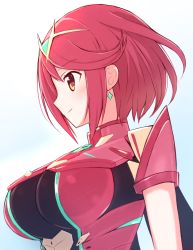 Rule 34 | 1girl, bob cut, breasts, chest jewel, earrings, gem, headpiece, jewelry, large breasts, pyra (xenoblade), red eyes, red hair, short hair, solo, suta (clusta), swept bangs, tiara, xenoblade chronicles (series), xenoblade chronicles 2