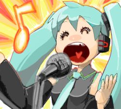 Rule 34 | 1girl, aqua hair, detached sleeves, closed eyes, female focus, hatsune miku, long hair, microphone, microphone stand, moudoku (decopon3rd), music, necktie, open mouth, singing, smile, solo, twintails, vocaloid