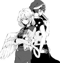 Rule 34 | 2girls, back-to-back, bad id, bad twitter id, book, bow, bowtie, braid, breasts, brooch, cow tail, crossed arms, doremy sweet, greyscale, hat, highres, hisona (suaritesumi), jacket, jewelry, kishin sagume, long sleeves, looking at viewer, medium breasts, monochrome, multiple girls, nightcap, open clothes, open jacket, pom pom (clothes), short sleeves, simple background, single wing, skirt, standing, tail, tapir tail, touhou, white background, wings