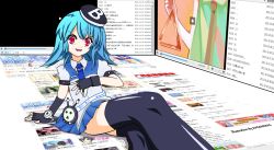 Rule 34 | 10s, 1girl, arm support, ashammas, belt, bili girl 22, bili girl 33, bili girl 33 (cameo), bilibili, black thighhighs, blue hair, cameo, chinese text, cube x cursed x curious, dark persona, derivative work, desktop, fear kubrick, fingerless gloves, gloves, hand on another&#039;s chest, hat, highres, instrument, necktie, open mouth, red eyes, sitting, skirt, solo, thighhighs, triangle (instrument)