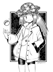 Rule 34 | 1girl, absurdres, bag, bike shorts, blush, buttons, collarbone, cowboy shot, creatures (company), floral background, floral print, game freak, greyscale, hand in pocket, hat, highres, jacket, leaf (pokemon), leaf (sygna suit) (pokemon), looking to the side, monochrome, mr.thunderigor, nintendo, official alternate costume, parted lips, poke ball, poke ball (basic), pokemon, pokemon masters ex, smile, standing, twitter username