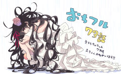 Rule 34 | 1girl, absurdly long hair, black hair, braid, commentary request, dress, frilled dress, frills, from side, hair ribbon, hair spread out, hamayumiba sou, heart, heart-shaped pupils, holding, long dress, long hair, looking at viewer, messy hair, midori hemo, ochikobore fruit tart, off-shoulder dress, off shoulder, open mouth, red ribbon, ribbon, shadow, solo, squatting, symbol-shaped pupils, translation request, very long hair, white background, white dress