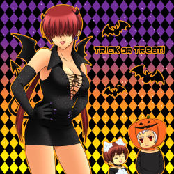 Rule 34 | 1girl, 2boys, alternate costume, animal ears, bare shoulders, bat (animal), bat wings, black dress, black gloves, breasts, cat ears, cat tail, checkered background, chris, cleavage, collar, demon tail, dress, earrings, elbow gloves, fake animal ears, gloves, hair over eyes, halloween, hands on own hips, hat, heart, heart earrings, jack-o&#039;-lantern, jewelry, large breasts, multiple boys, nail polish, nanakase yashiro, pluco, red eyes, red hair, shermie (kof), short dress, split ponytail, tail, the king of fighters, twintails, white hair, wings