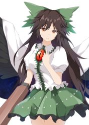 Rule 34 | 1girl, absurdres, arm cannon, bird wings, black hair, black wings, bow, cape, closed mouth, commentary, cowboy shot, frills, green bow, green skirt, hair bow, half-closed eyes, highres, kogane ringo, long hair, orange eyes, petticoat, pointing, pointing at self, pointing up, puffy short sleeves, puffy sleeves, reiuji utsuho, shirt, short sleeves, simple background, skirt, smile, solo, touhou, triangle, very long hair, weapon, white background, white cape, white shirt, wings