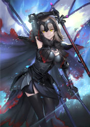 Rule 34 | ahoge, armor, armored dress, bad id, bad pixiv id, black dress, black legwear, breasts, cape, chain, commentary request, cowboy shot, dress, fate/grand order, fate (series), faulds, fur-trimmed cape, fur collar, fur trim, gauntlets, headpiece, holding, holding sword, holding weapon, jeanne d&#039;arc (fate), jeanne d&#039;arc alter (avenger) (fate), jeanne d&#039;arc alter (fate), large breasts, maekawa yuichi, short hair, silver hair, sword, thighhighs, tsurime, weapon, yellow eyes