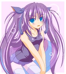 Rule 34 | 1girl, blue eyes, blush, innertube, little busters!, long hair, looking at viewer, lowres, marimo (artist), oekaki, one-piece swimsuit, purple hair, sasasegawa sasami, school swimsuit, solo, swim ring, swimsuit, thighhighs, twintails, v arms, very long hair