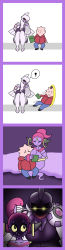 Rule 34 | 1boy, 2girls, absurdres, angry, assertive female, breasts, creatures (company), franschesco, game freak, gen 4 pokemon, gen 6 pokemon, glowing, glowing eyes, highres, hoopa, humanization, large breasts, legendary pokemon, looking at another, looking to the side, multiple girls, mythical pokemon, nervous, nintendo, palkia, pokemon, portal (object), size difference, smile, stare, sweat, tall female