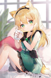 Rule 34 | 1girl, aged down, animal ears, arknights, bare legs, bare shoulders, belt, belt pouch, black hairband, blonde hair, blush, brooch, cup, dog ears, dog girl, dog tail, dress, gem, green dress, green eyes, hairband, holding, holding cup, indoors, jewelry, knees up, long hair, looking at viewer, mug, official alternate costume, parted lips, pillow, podenco (arknights), podenco (wake up from a nap) (arknights), pouch, scrunchie, sitting, sleeveless, sleeveless dress, solo, tail, toufu mentaru zabuton, window, wrist scrunchie