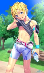 Rule 34 | 1boy, absurdres, bench, bike shorts, blonde hair, blue eyes, bottle, bulge, clothes lift, day, earbuds, earphones, fuwatoro (i7mnoehere), highres, lifted by self, looking at viewer, male focus, open mouth, original, outdoors, park, shirt lift, smile, solo, tree, water bottle, wooden bench, wristband