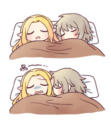 Rule 34 | 2girls, blonde hair, blush stickers, closed eyes, dungeon meshi, elf, falin touden, gloom (expression), grey hair, inconvenient ears, long hair, lying, marcille donato, multiple girls, nuzzle, on back, on bed, on side, parted bangs, pillow, pointy ears, shared blanket, short hair, simple background, unaligned ears, white background, youyan
