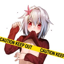 Rule 34 | 1boy, androgynous, bad id, bad twitter id, blush, caution tape, censored, convenient censoring, erubo, flower, hair flower, hair intakes, hair ornament, keep out, looking at viewer, male focus, mouth hold, original, caution tape, red eyes, short hair, silver hair, simple background, solo, sweater, trap, white background, yohane bonaventura