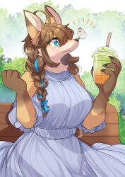 Rule 34 | 1girl, animal ears, animal nose, bench, blue dress, blue eyes, body fur, breasts, brown fur, brown hair, bug, bush, butterfly, butterfly on nose, commission, cup, dress, drinking straw, fox ears, fox girl, furry, furry female, highres, holding, holding cup, insect, large breasts, multicolored hair, original, outdoors, signature, sitting, skeb commission, snout, solo, streaked hair, surprised, zakro