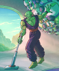 Rule 34 | 1boy, antennae, arm up, bald, biceps, black nails, blue sky, boots, closed mouth, cloud, collarbone, colored skin, commentary request, day, dougi, dragon ball, dragon ball super, dragon ball super super hero, fingernails, floating, frown, full body, green skin, highres, holding vacuum cleaner, indoors, koukyouji, levitation, long fingernails, male focus, mountain, muscular, muscular male, namekian, pants, pectoral cleavage, pectorals, piccolo, pointy ears, purple pants, red sash, sash, serious, sky, solo, standing, stuffed animal, stuffed toy, v-shaped eyebrows, vacuum cleaner, window, yellow footwear