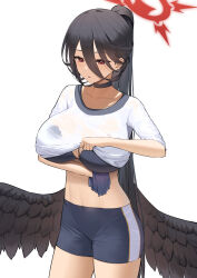 Rule 34 | 1girl, absurdres, black bra, black choker, black wings, blue archive, bra, breasts, choker, clothes lift, feathered wings, gym shirt, gym shorts, gym uniform, halo, hasumi (blue archive), hasumi (track) (blue archive), high ponytail, highres, huge breasts, large breasts, large wings, lifting own clothes, long hair, lordol, low wings, mole, mole under eye, official alternate costume, red eyes, see-through, see-through shirt, shirt, shirt lift, shorts, standing, underwear, wings, wiping sweat
