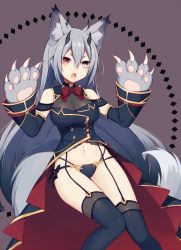 Rule 34 | 1girl, animal ear fluff, animal ears, animal hands, bare shoulders, black thighhighs, bow, breasts, claw pose, claws, cleavage, detached sleeves, fang, fox ears, fox tail, gloves, grey eyes, grey hair, heterochromia, highres, horns, large breasts, long hair, muryotaro, no pants, panties, paw gloves, phantasy star, phantasy star online 2, red eyes, revealing clothes, solo, tail, thighhighs, underwear, very long hair, wide sleeves