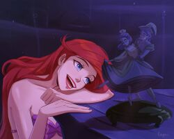Rule 34 | 1girl, ariel (disney), bare shoulders, blue eyes, gonzais, highres, indoors, long hair, open mouth, red hair, red lips, shell, shell bikini, solo, statue, teeth, the little mermaid, upper body