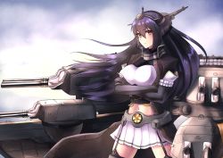 Rule 34 | 1girl, bad id, bad pixiv id, black hair, black thighhighs, blurry, blurry background, bodysuit, breasts, brown eyes, cowboy shot, cropped jacket, crossed arms, headgear, itsuwa (continue), kantai collection, large breasts, long hair, looking at viewer, machinery, midriff, nagato (kancolle), nagato kai ni (kancolle), navel, pleated skirt, skirt, solo, standing, thighhighs, white skirt, zettai ryouiki