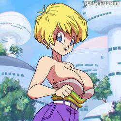 Rule 34 | 1girl, animated, artist name, bare shoulders, blonde hair, blue eyes, blush, bouncing breasts, bra, breasts, cleavage, dragon ball, dragonball z, earrings, erasa (dragon ball), flashing, green shirt, hoop earrings, jewelry, large breasts, looking at viewer, medium breasts, open mouth, outdoors, pulling own clothes, shirt, short hair, smile, standing, strapless, strapless bra, tagme, tube top, twistedgrim, underwear, video