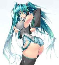 Rule 34 | 1girl, aqua hair, armpits, ass, bad id, bad pixiv id, blue eyes, blue hair, blush, detached sleeves, hatsune miku, highres, huge ass, long hair, looking at viewer, matching hair/eyes, open mouth, scatter milk, shorts, simple background, solo, thighhighs, twintails, very long hair, vocaloid, white background